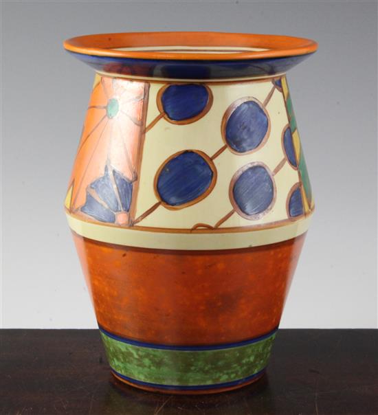 A Clarice Cliff Fantasque Umbrellas and Rain pattern vase, c.1930, 7.75in.